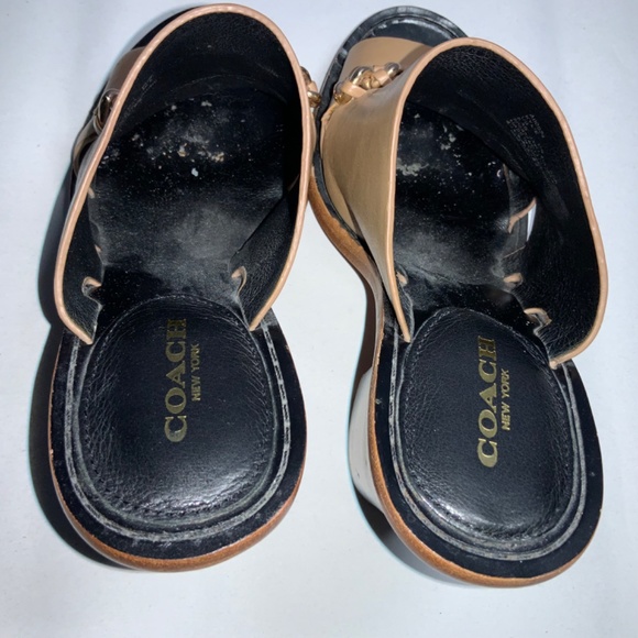 Coach kylie semi matte calf mules stack heels Sz 6.5B gold tone chain accent - Picture 6 of 8